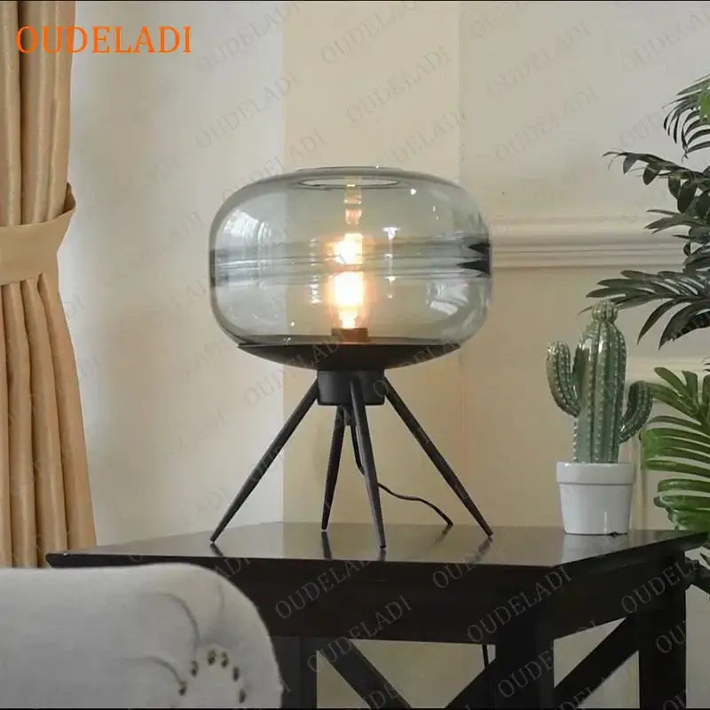 Amber Glass Table Lamp Black Tripod Base