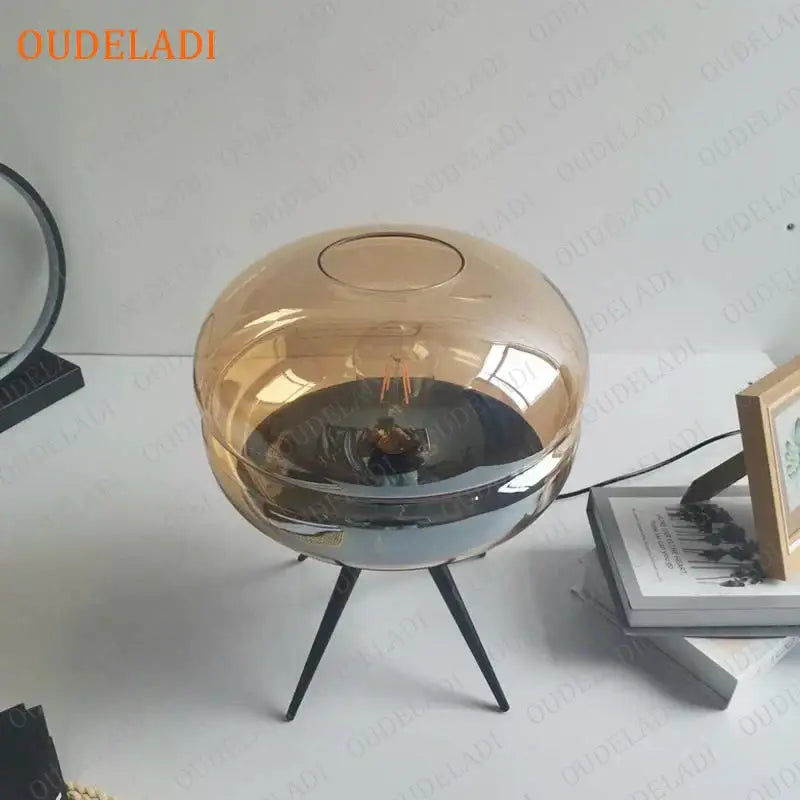 Amber Glass Table Lamp Black Tripod Base