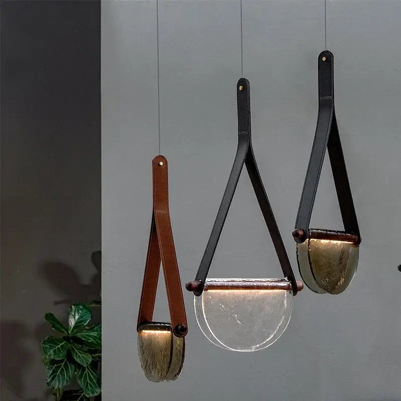 Gray Leather Glass Pendant Lamp