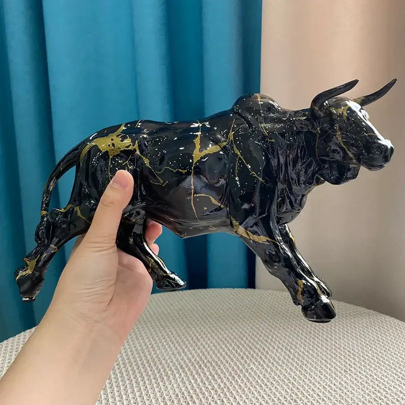 Black Gold Bull Sculpture with Resin Detailing