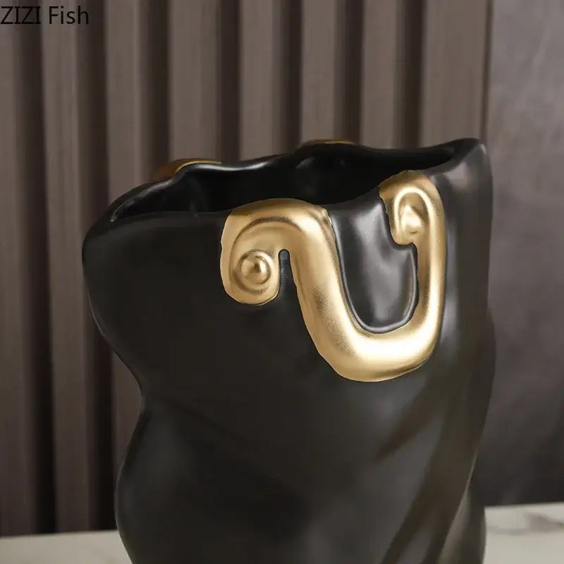 Black Gold Ceramic Bag-Shaped Vase Decor
