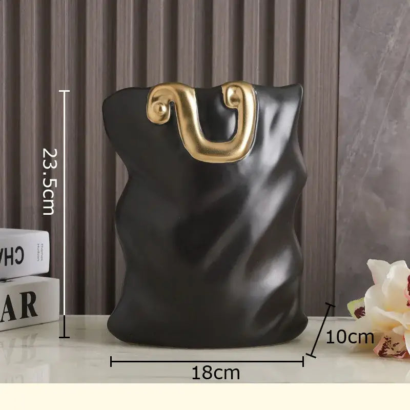 Black Gold Ceramic Bag-Shaped Vase Decor