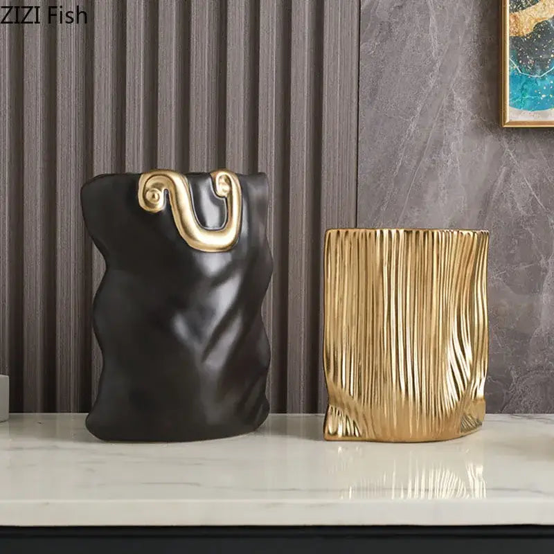 Black Gold Ceramic Bag-Shaped Vase Decor