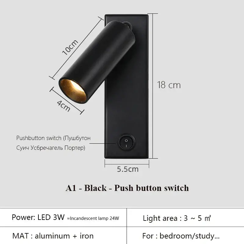 Black Brass LED Wall Lamp with USB Port