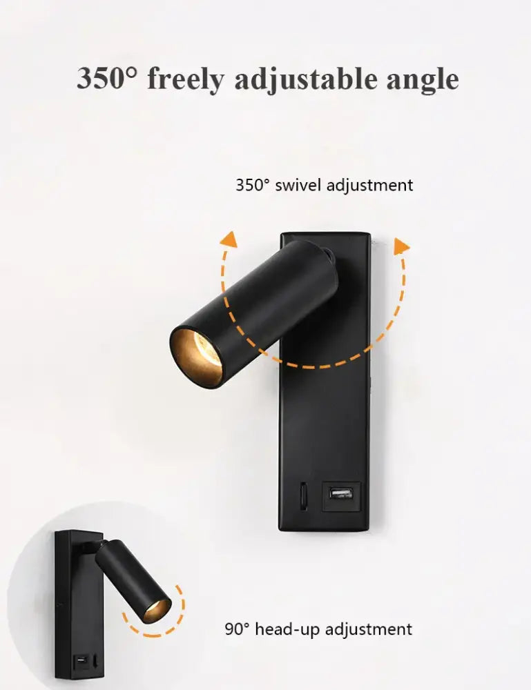 Black Brass LED Wall Lamp with USB Port