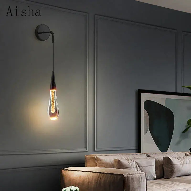 Black Crystal Teardrop Bedroom Wall Sconce