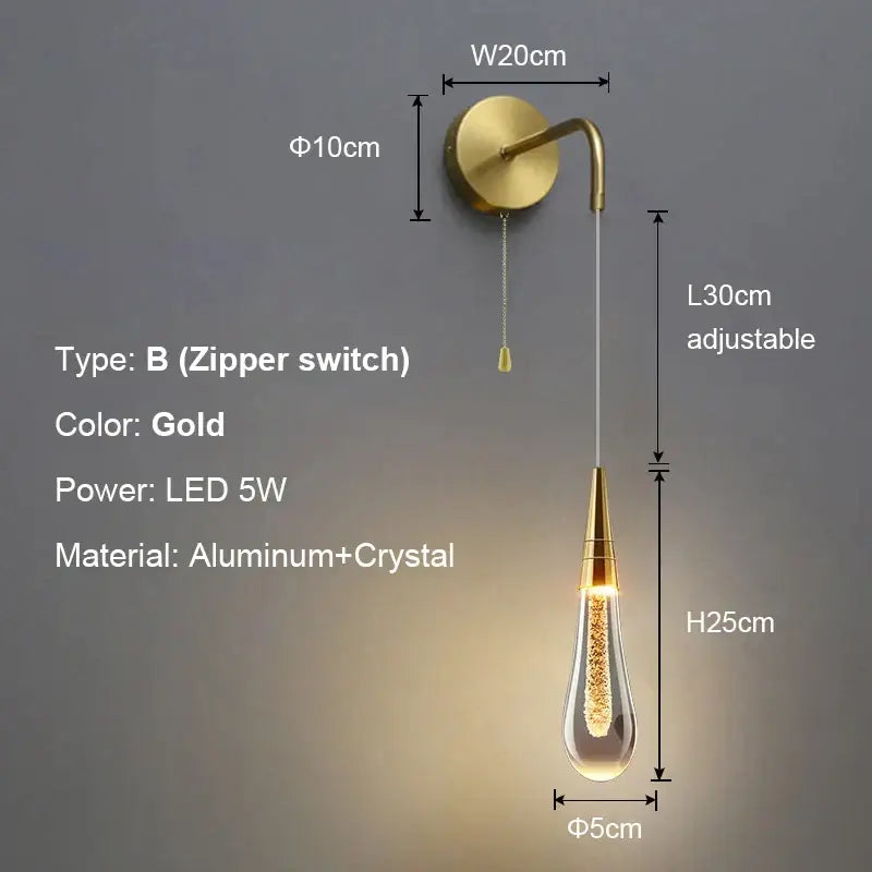 Black Crystal Teardrop Bedroom Wall Sconce