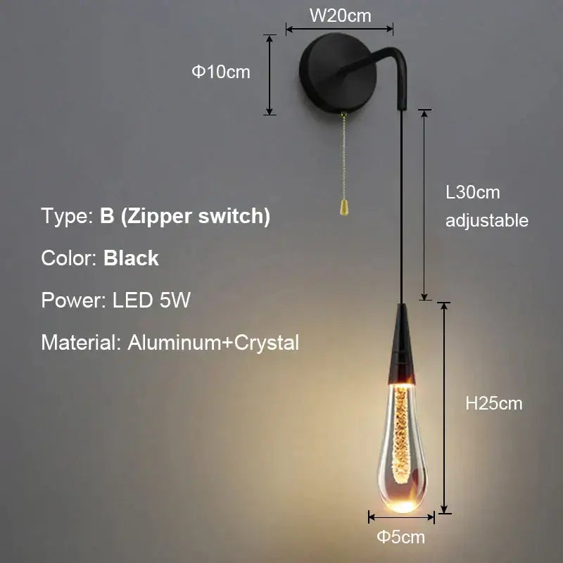 Black Crystal Teardrop Bedroom Wall Sconce
