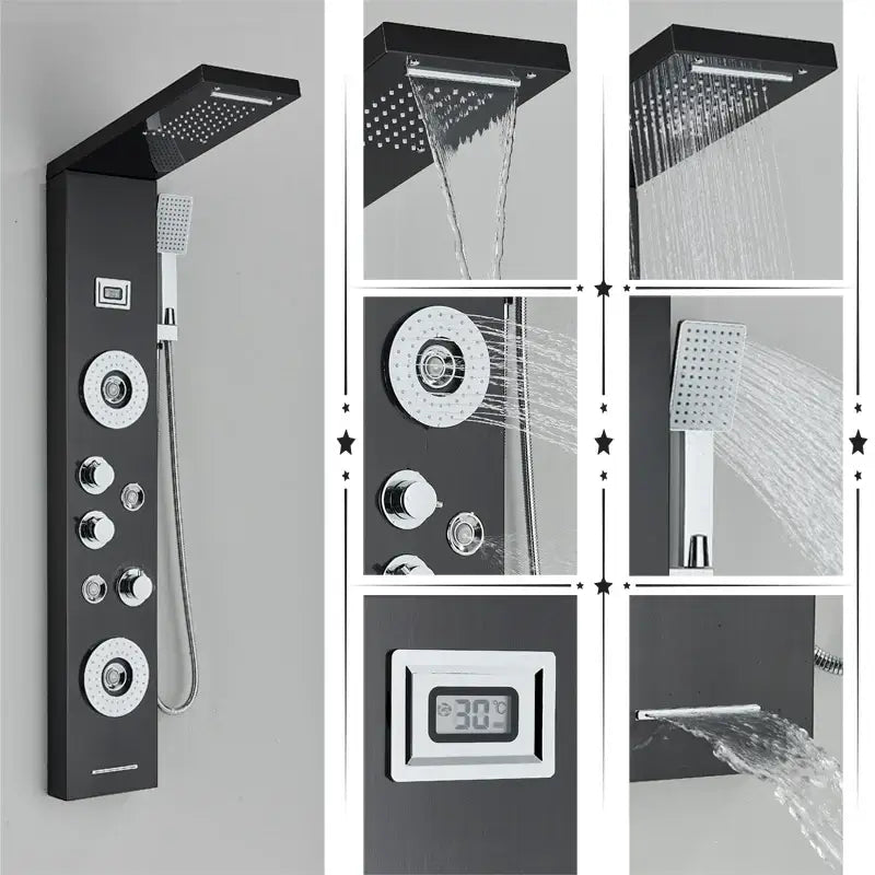 Black Massage Shower Panel Temperature Screen