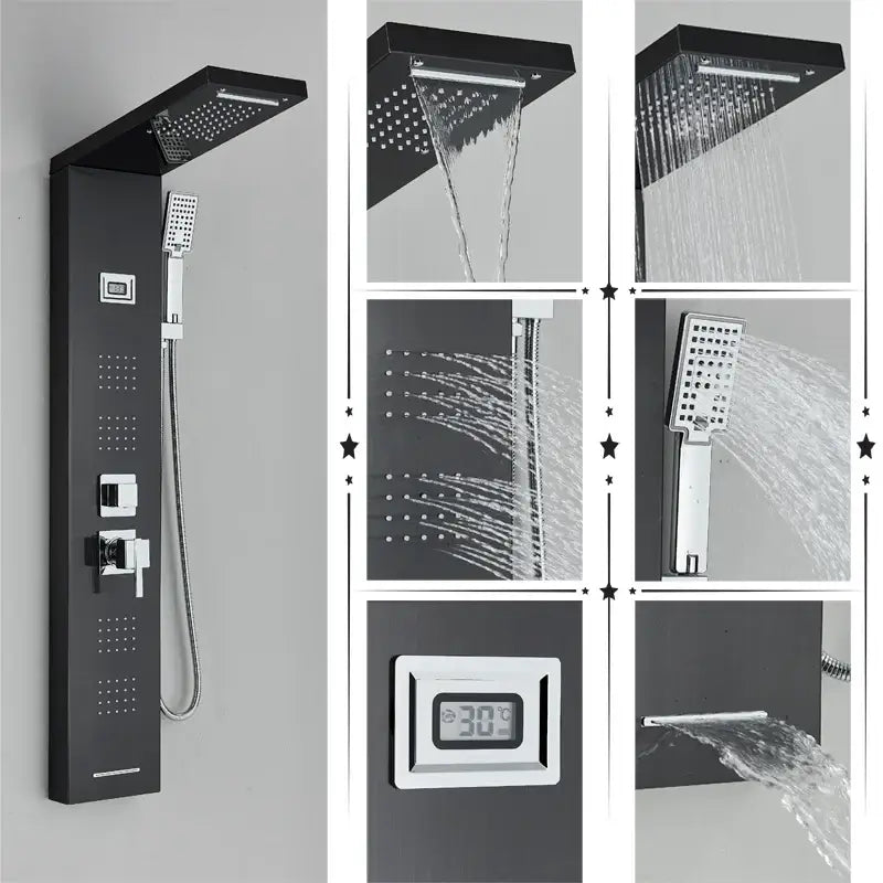 Black Massage Shower Panel Temperature Screen
