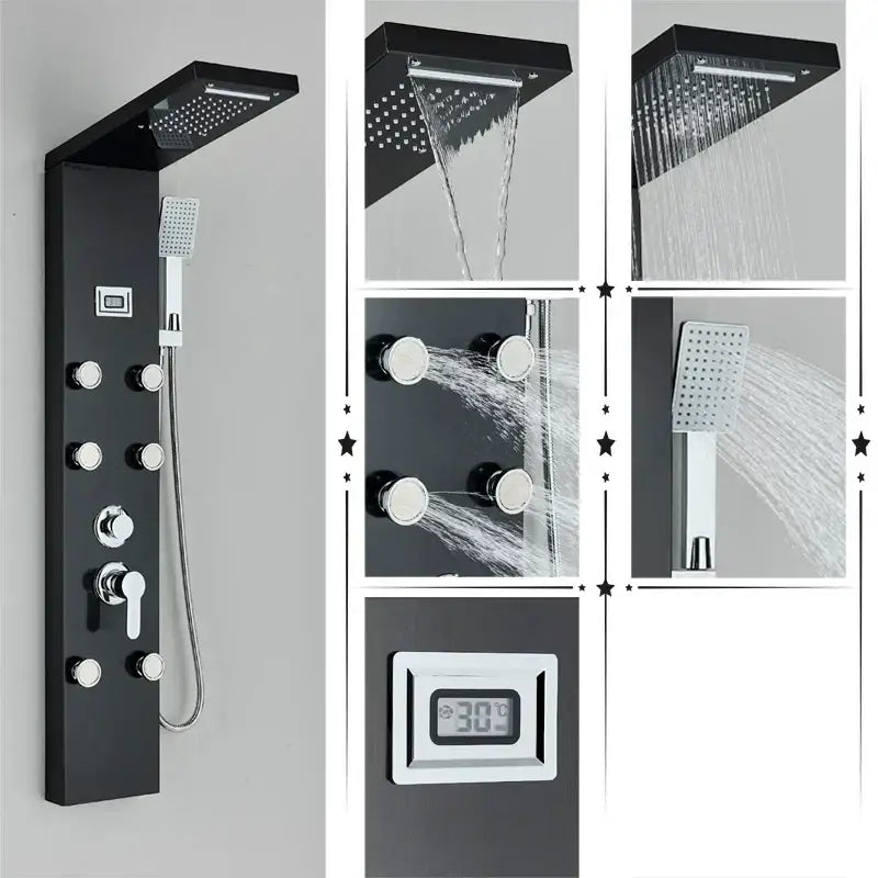 Black Massage Shower Panel Temperature Screen