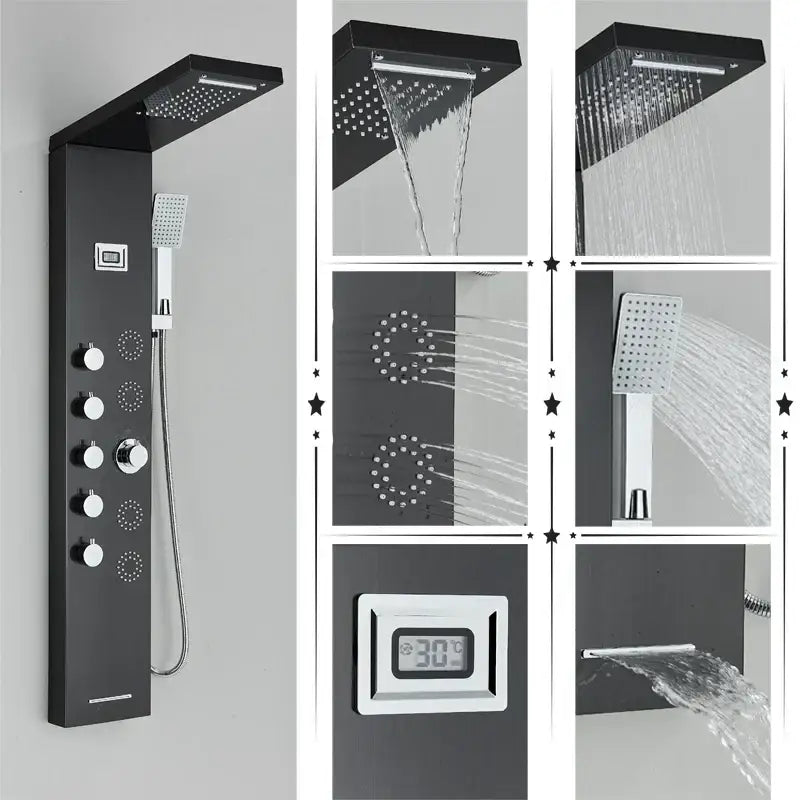 Black Massage Shower Panel Temperature Screen