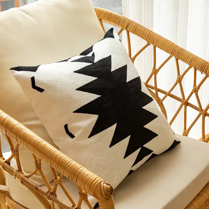 Black White Embroidered Geometric Cotton Cushion
