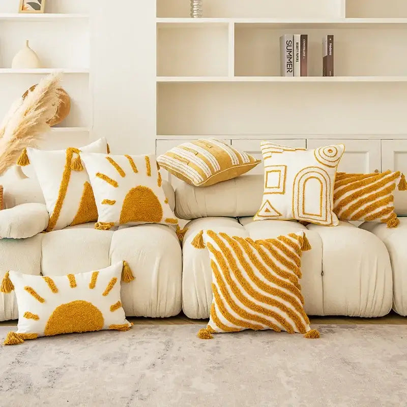 Mustard Geometric Tassel Cushion