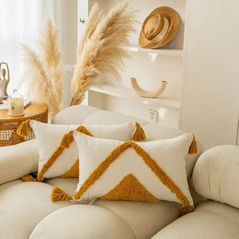 Mustard Geometric Tassel Cushion