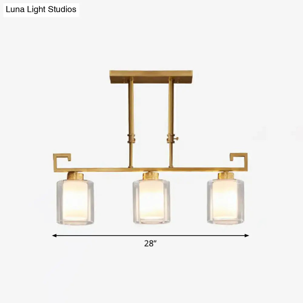Brass Glass Cylindrical Three-Light Island Pendant