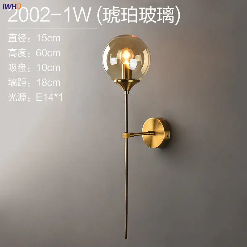 Amber Glass Iron Bedroom Wall Lamp