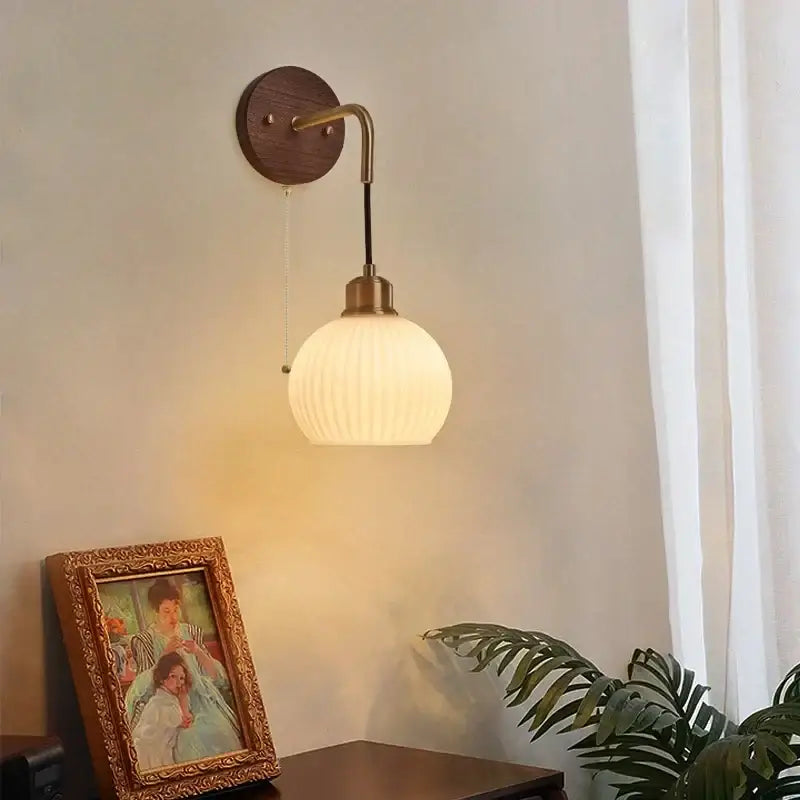 Brass Ribbed Glass Wood-Frame Sconce