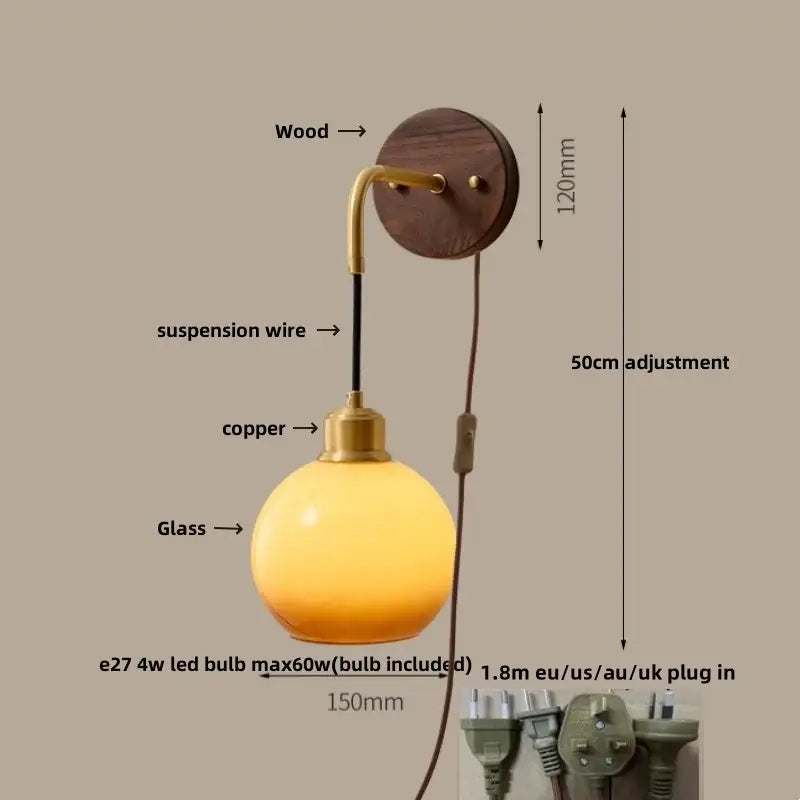 Brass Ribbed Glass Wood-Frame Sconce