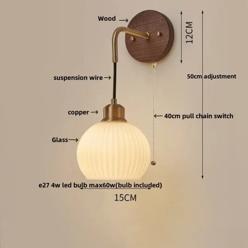 Brass Ribbed Glass Wood-Frame Sconce