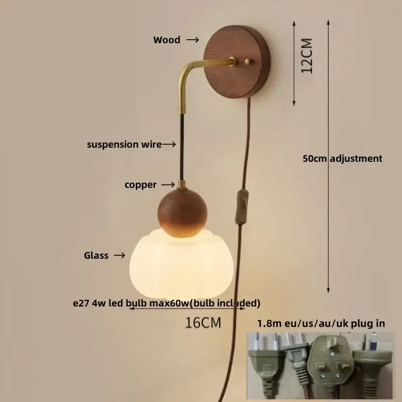 Brass Ribbed Glass Wood-Frame Sconce