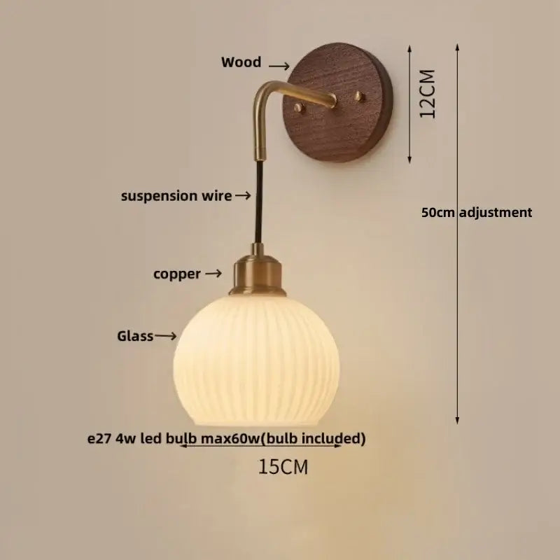 Brass Ribbed Glass Wood-Frame Sconce