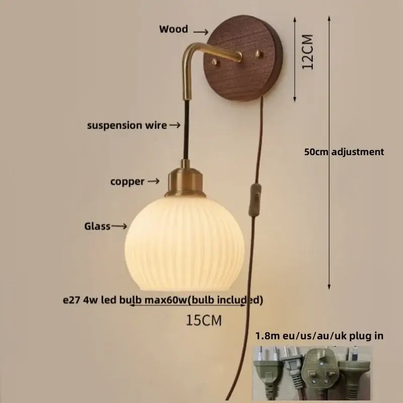 Brass Ribbed Glass Wood-Frame Sconce