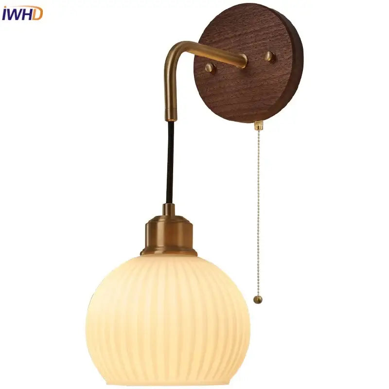 Brass Ribbed Glass Wood-Frame Sconce