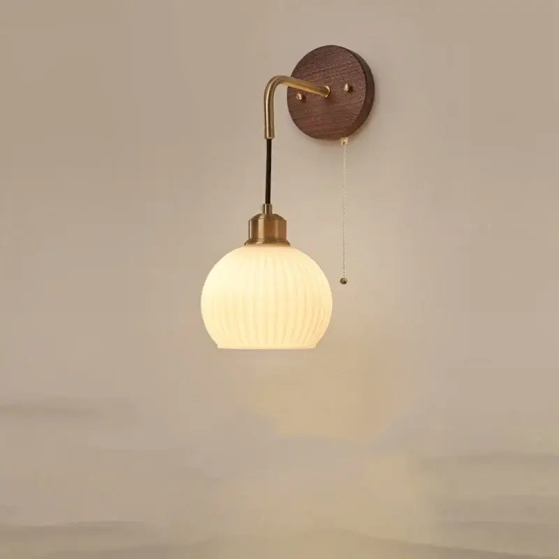 Brass Ribbed Glass Wood-Frame Sconce