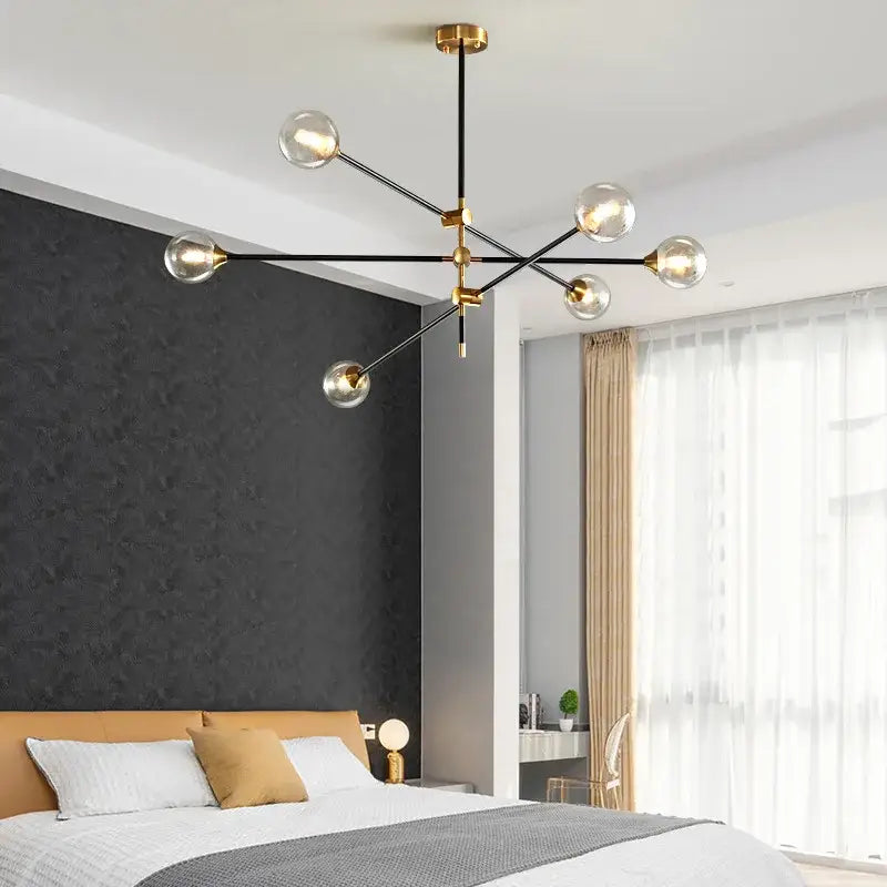 Brass Glass Ball 6-Head Geometric Chandelier