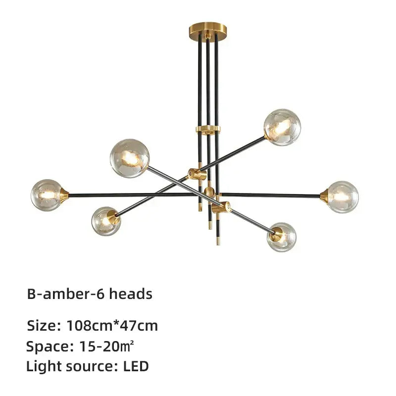 Brass Glass Ball 6-Head Geometric Chandelier
