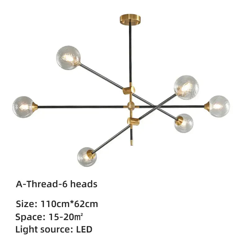 Brass Glass Ball 6-Head Geometric Chandelier