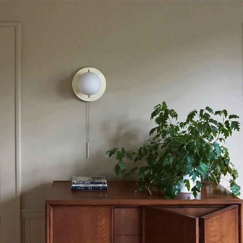 Brass Glass Round Wall Lamp With Pull Chain