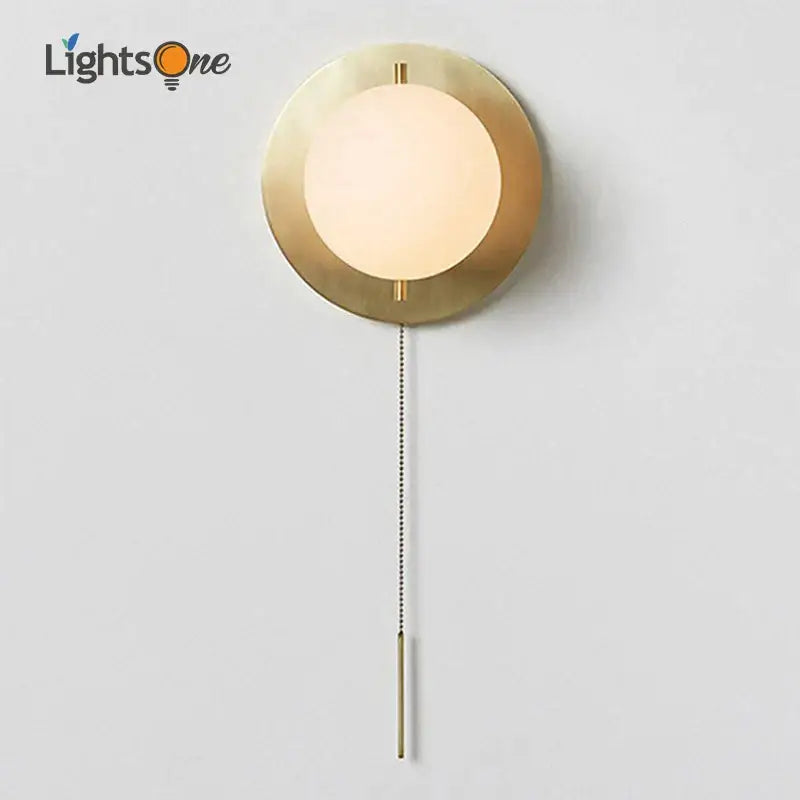 Brass Glass Round Wall Lamp With Pull Chain