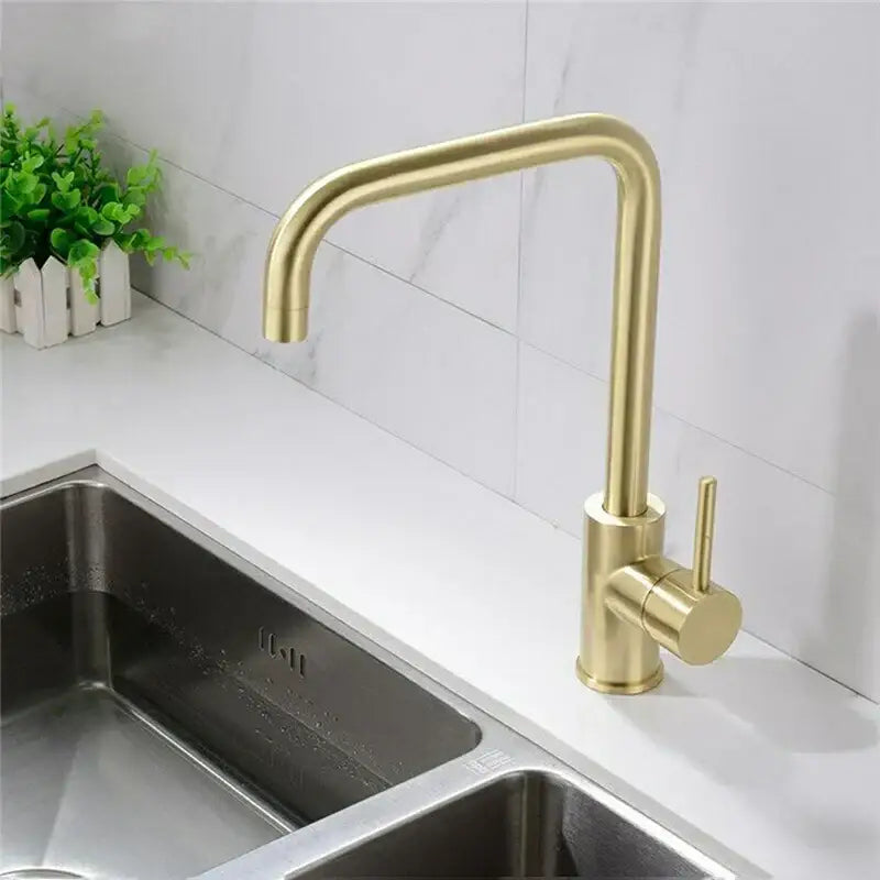 Gold Curved Kitchen Faucet Stainless Steel Body