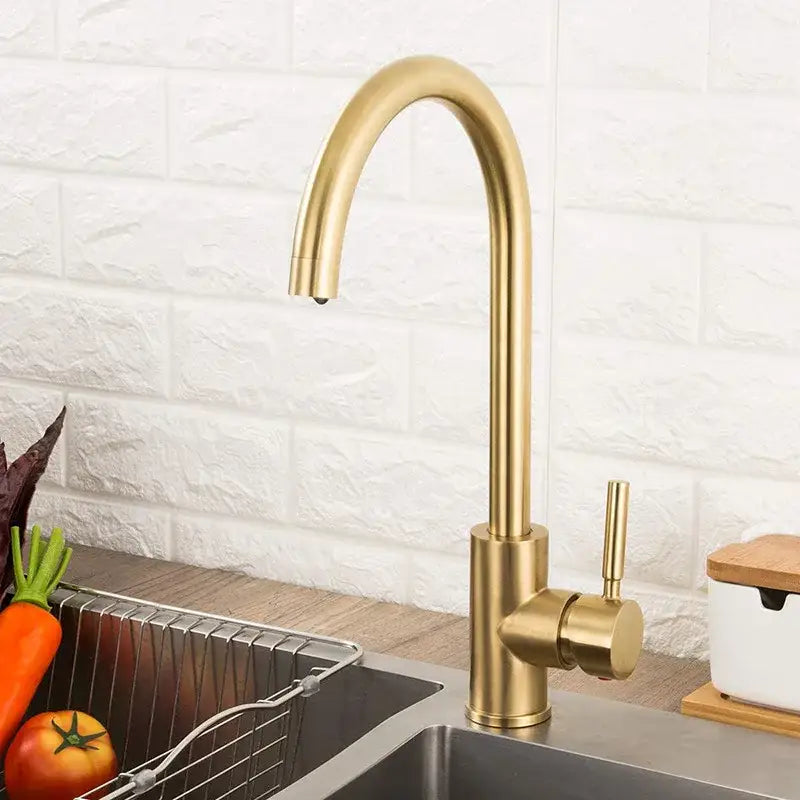 Gold Curved Kitchen Faucet Stainless Steel Body