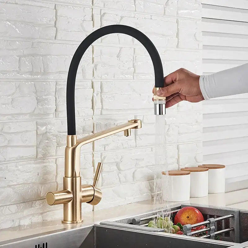 Gold Swivel Kitchen Faucet with Black Rubber Hose