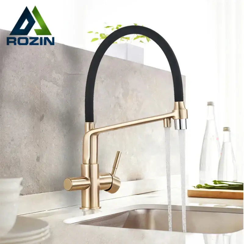 Gold Swivel Kitchen Faucet with Black Rubber Hose