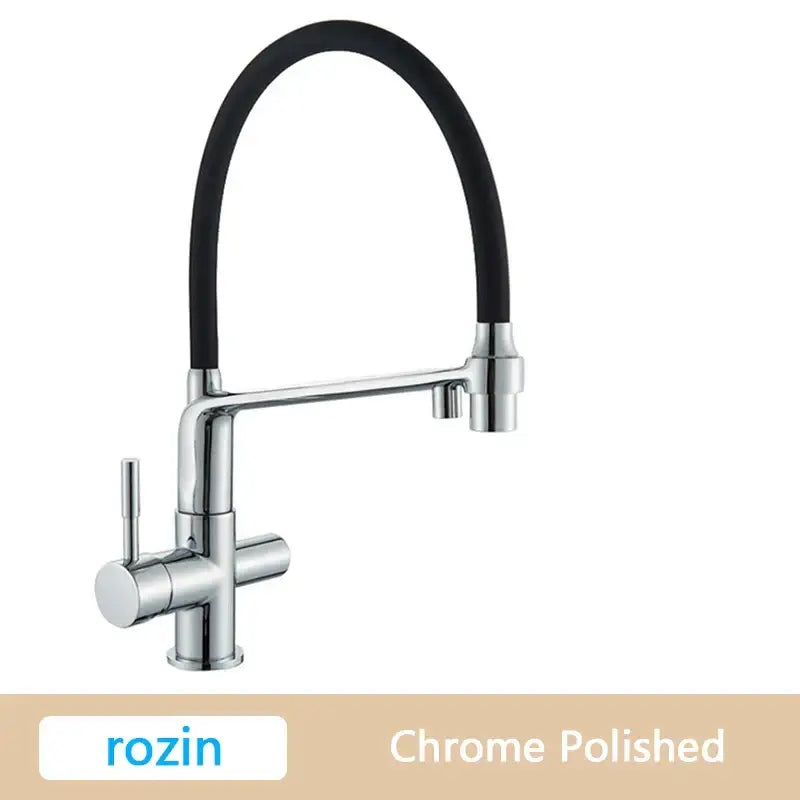 Gold Swivel Kitchen Faucet with Black Rubber Hose