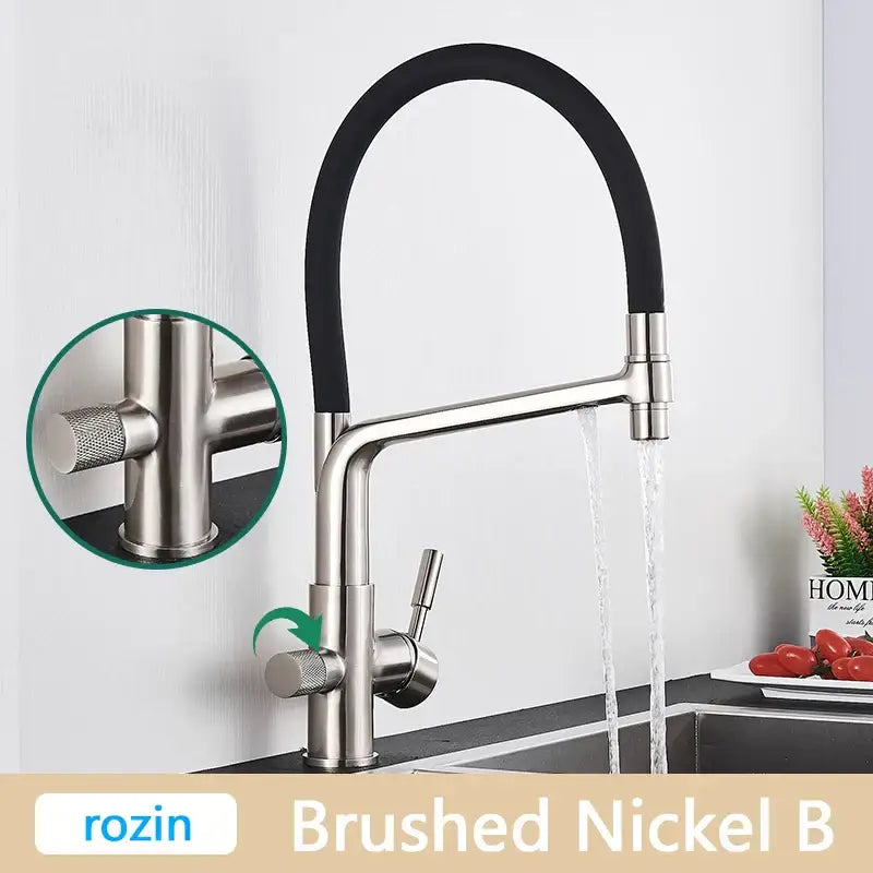 Gold Swivel Kitchen Faucet with Black Rubber Hose
