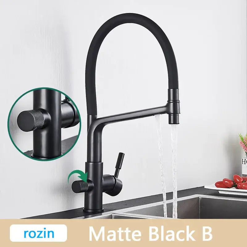 Gold Swivel Kitchen Faucet with Black Rubber Hose