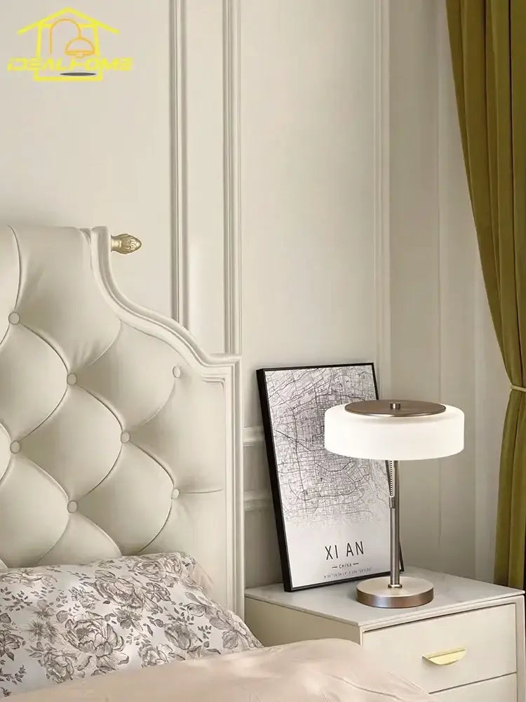 Cream Glass Table Lamp with Brushed Metal Base
