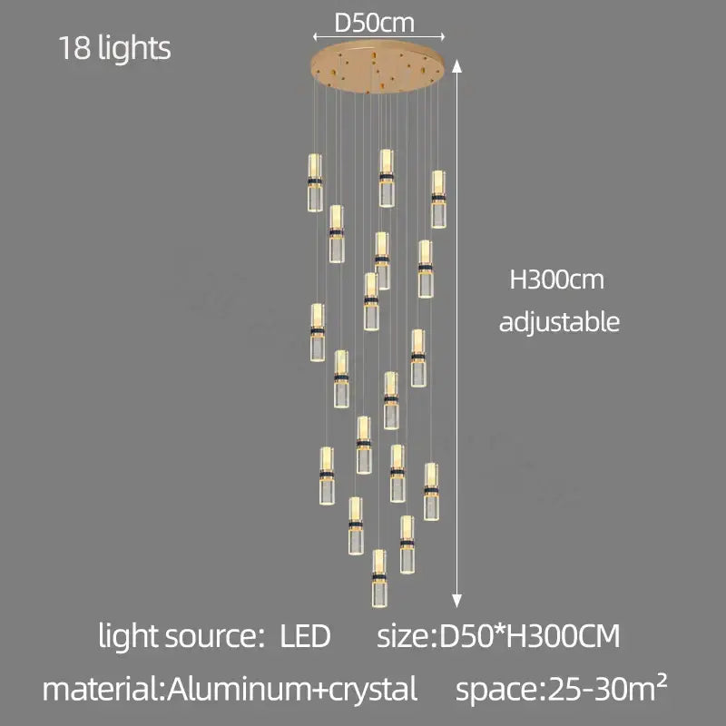 Gold Crystal 18-Light Stairway Chandelier