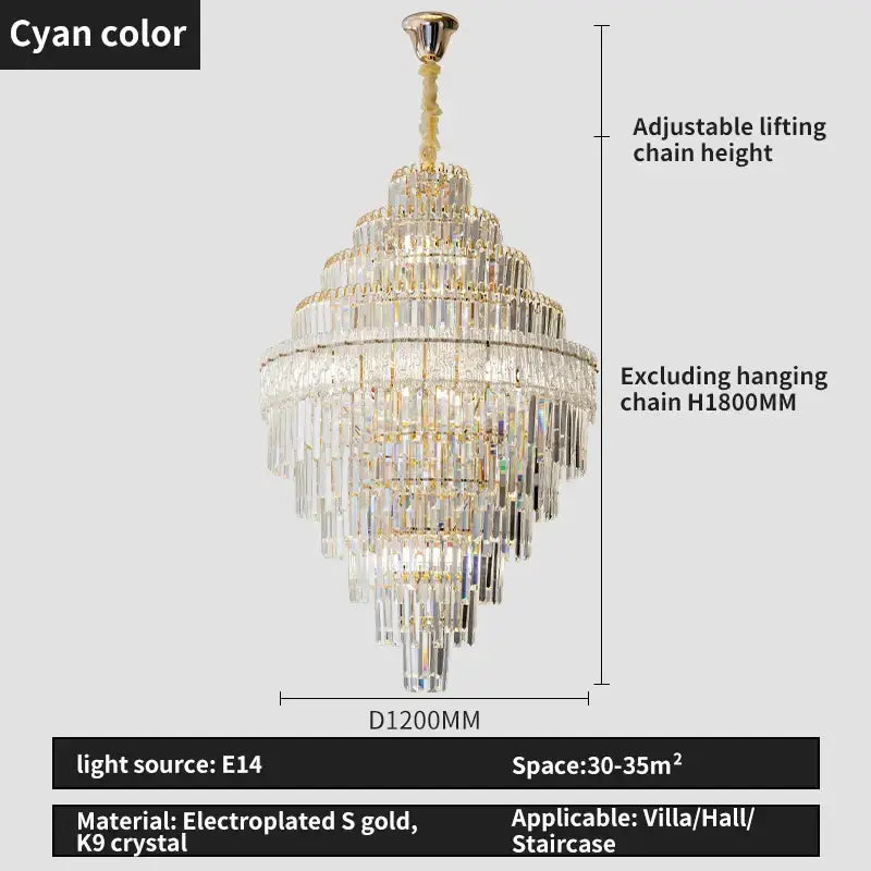 Gold Crystal Dining Chandelier Cyan or Cognac Glass