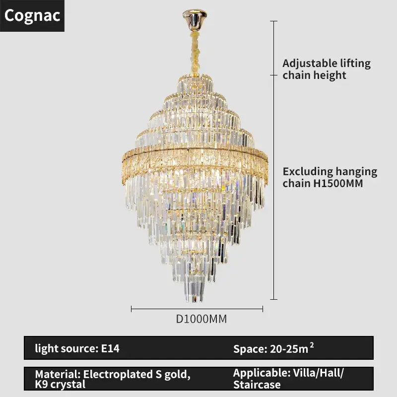 Gold Crystal Dining Chandelier Cyan or Cognac Glass