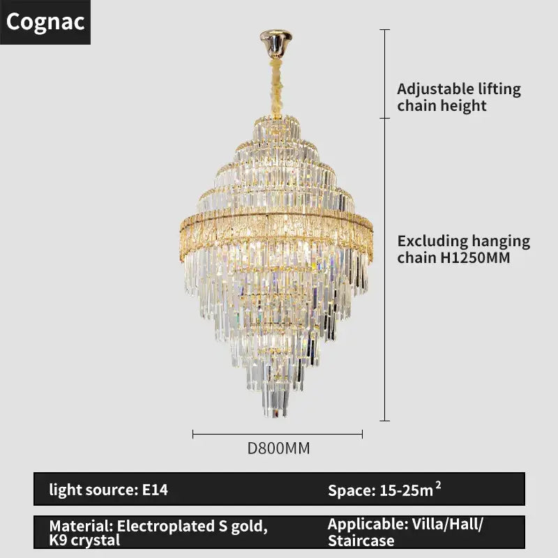 Gold Crystal Dining Chandelier Cyan or Cognac Glass