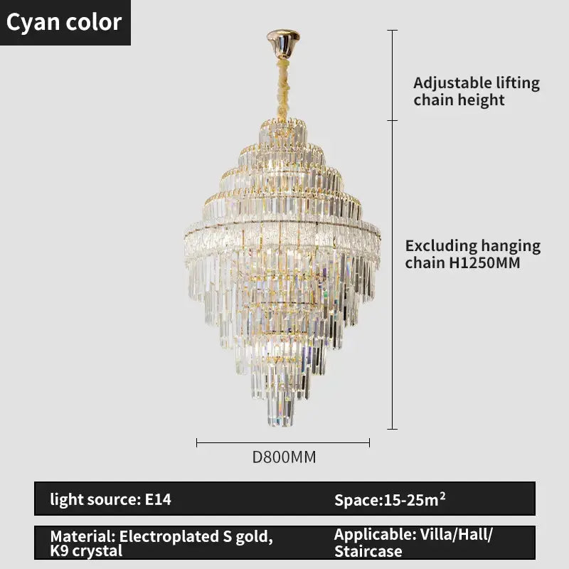 Gold Crystal Dining Chandelier Cyan or Cognac Glass