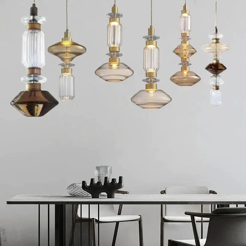 Amber Glass Chandelier with Geometric Design