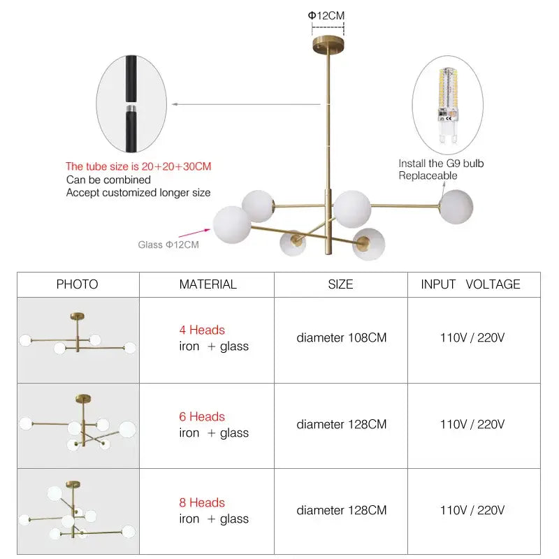 Brass Frosted Glass 8-Head Chandelier