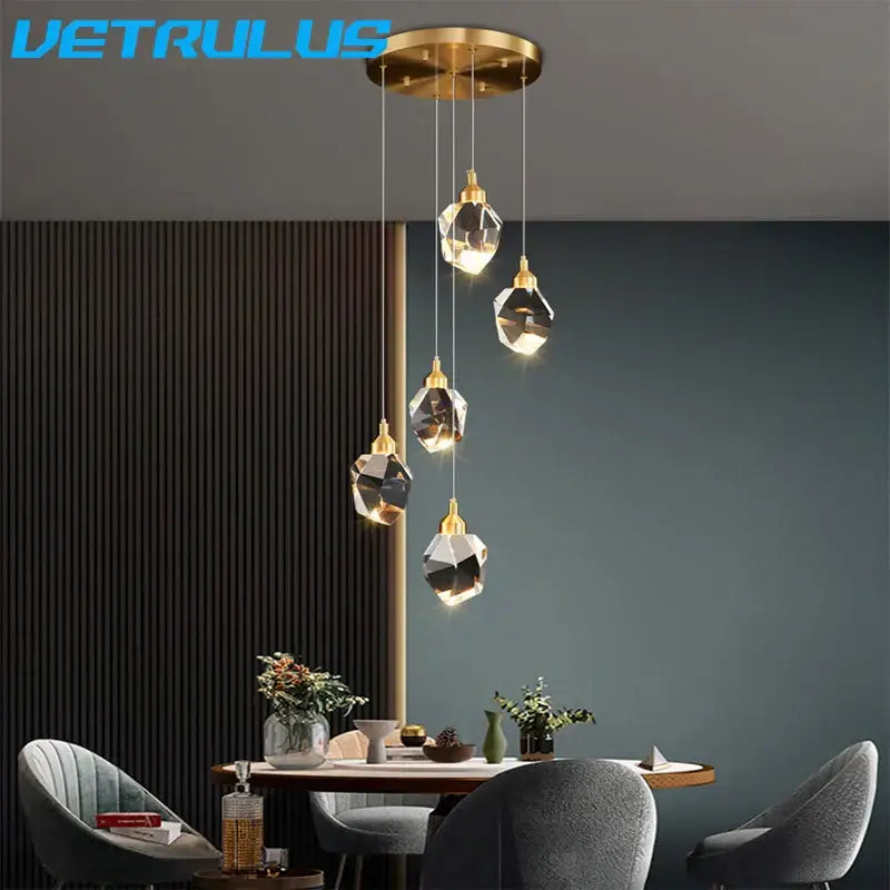 Brass Crystal 5-Head Rectangle LED Chandelier